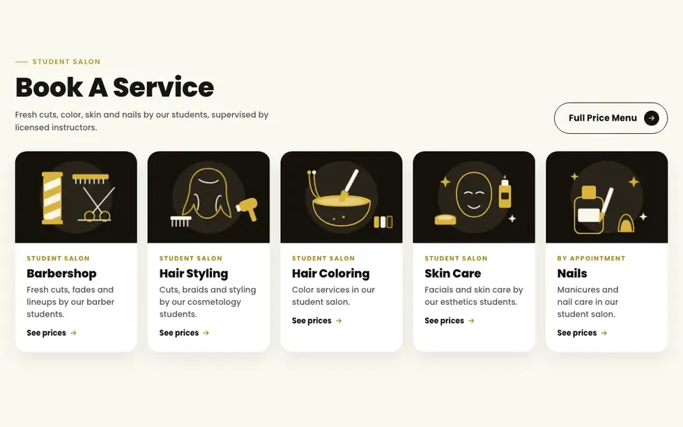 Custom animated service illustrations for Southern California College of Barber & Beauty